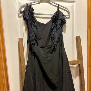 Black Backless Wing Shoulder-blade Spaghetti Strap Dress M
